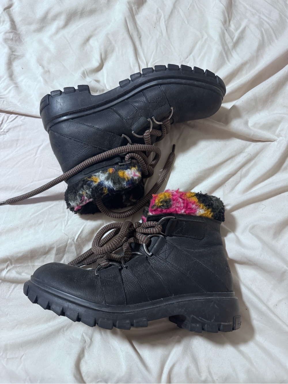 Fluevog Women’s Black Lace-Up Ankle Boots with Colorful Fur Trim